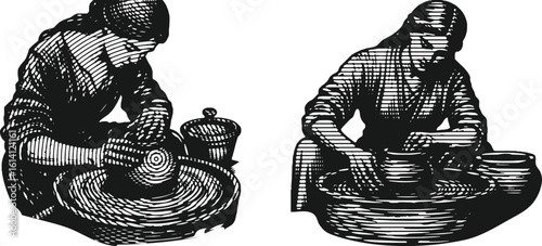  Monochrome lined photocopy effect engraving bundle woman potter crafting clay pot on wheel art design