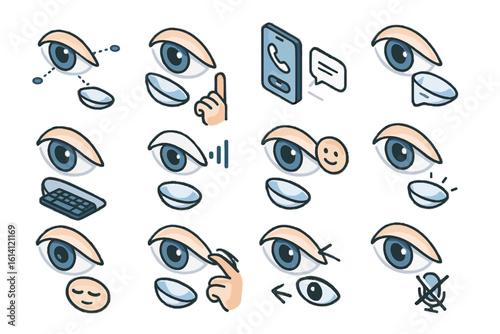 Eye expressions and communication icons with emojis and devices