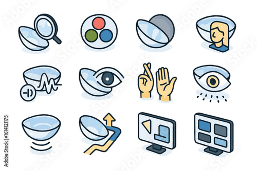 Contact lens icons collection with eye charts and visual motifs