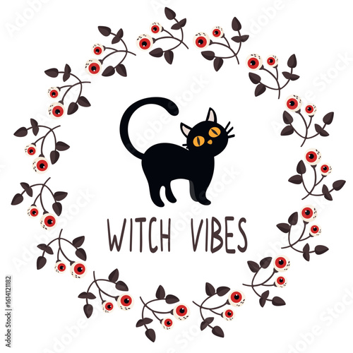 Halloween Illustration of Witch Vibes Black Cat with Eyeball Berry Wreath