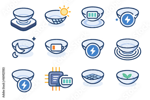 Smart contact lens icons with charging and technology symbols