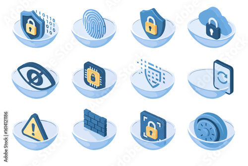 Isometric cybersecurity icons: shield, lock, cloud, privacy, fingerprint