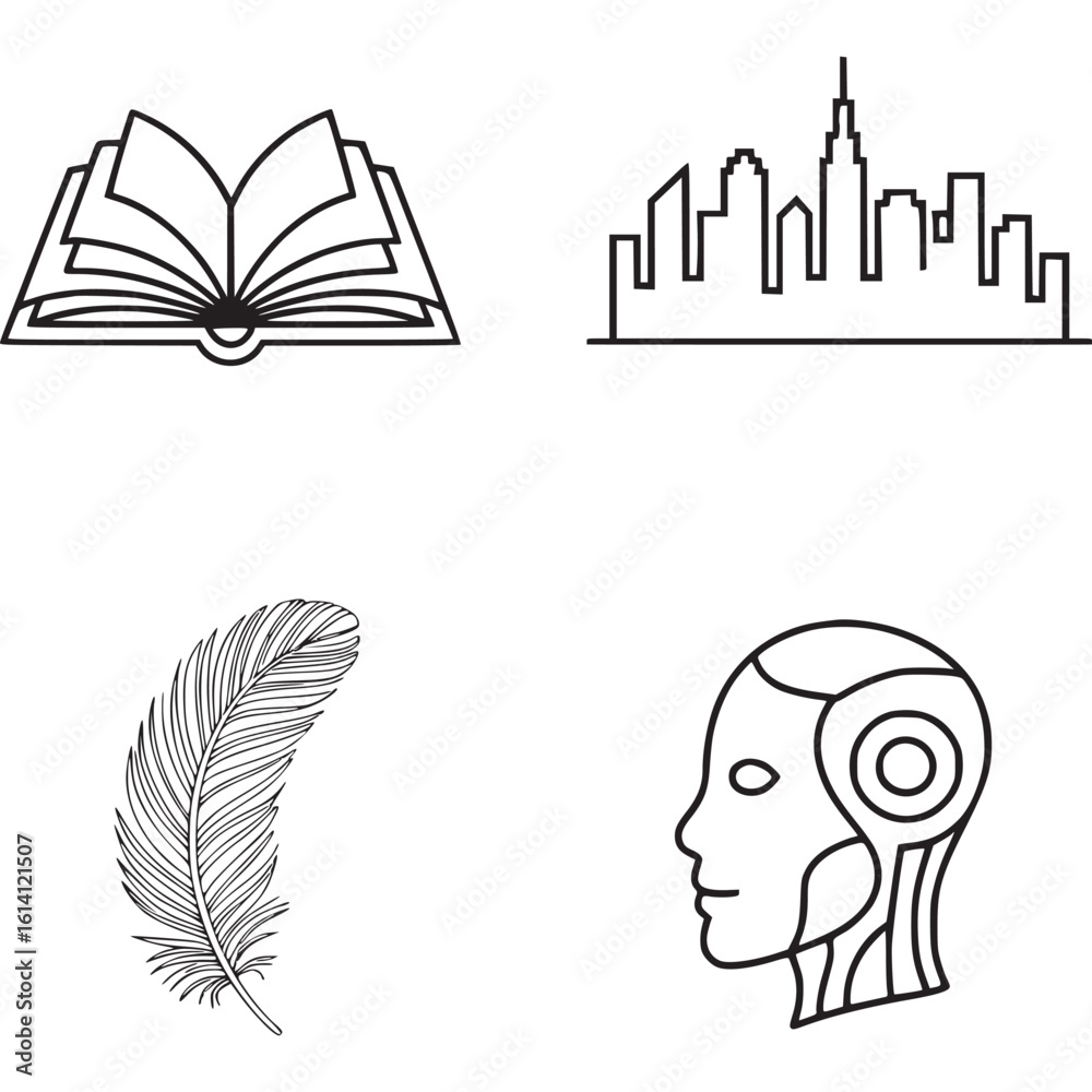 Naklejka premium A collage of four line art drawings: an open book, a city skyline, a feather and a robot head profile on transparent background