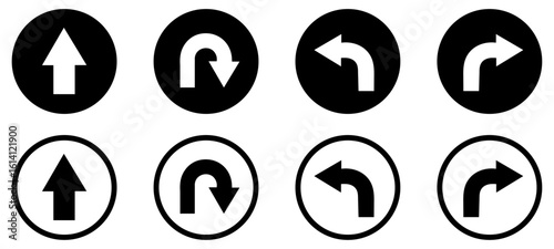 Go straight, U turn left and right black and white arrow round circle traffic sign direction Icon set. Black and white road signs vector illustration. Traffic direction symbols pack.