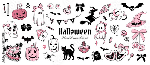 Cute Halloween clipart set in coquette pink and black style. Hand drawn elements include pumpkins, ghosts, skulls, bats, ribbons, cats, candy, potions for stickers, prints, cards and party decorations