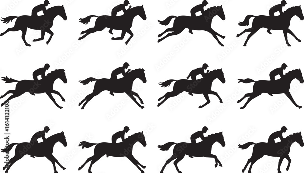 Black silhouettes of jockeys riding horses in motion racing equestrian