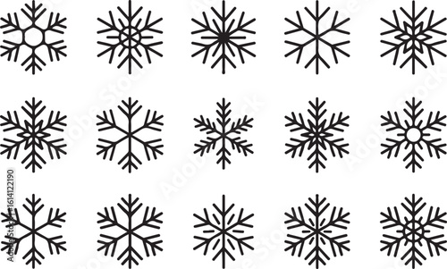 Collection of black snowflake icons winter cold
