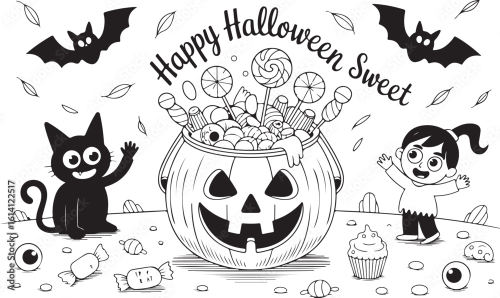 Obraz premium Happy Halloween black cat girl bats candy pumpkin vector