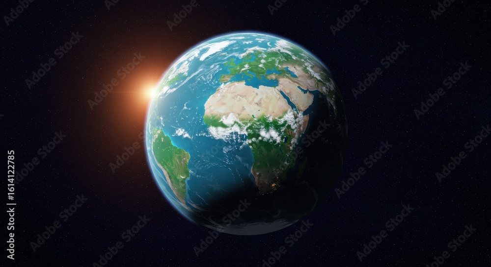 Fototapeta premium Earth from Space: Sunrise over Africa and Europe, Stars in the Background