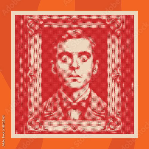 Vintage Man with Surprised Eyes in Ornate Frame – Halftone Art Portrait