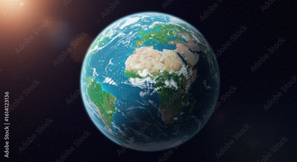 Fototapeta premium Earth from Space: Detailed View of Continents, Oceans, and Atmosphere with Starry Background