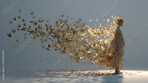 a silhouette dissolving into golden butterflies, representing release of the past self, surreal and symbolic, flowing movement and spiritual light 