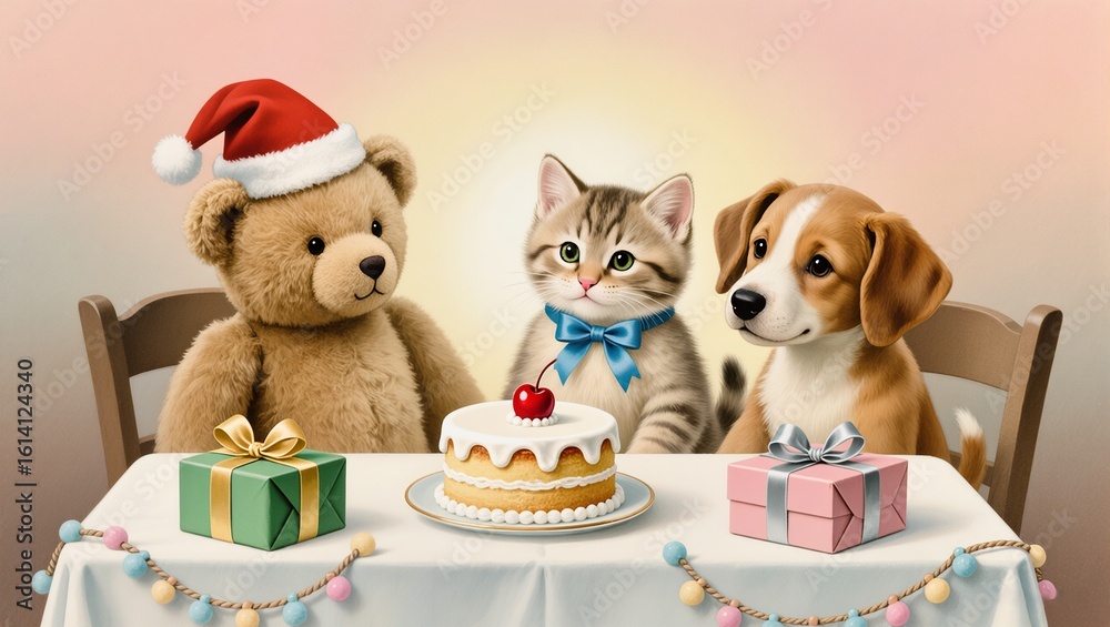 Fototapeta premium vintage plush toys gathered around festive table with cake and presents for use in greeting card designs and nostalgic holiday projects