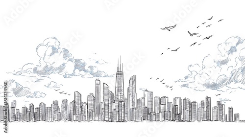 Chicago Skyline Drawing: Showcases cityscape with birds and clouds for editorial, web design, or marketing use.