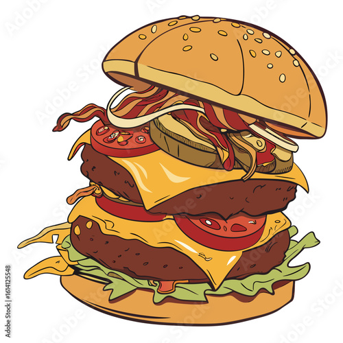 Realistic 3d rendering of a delicious double decker hamburger overflowing with melted cheese perfect for food advertising and menus