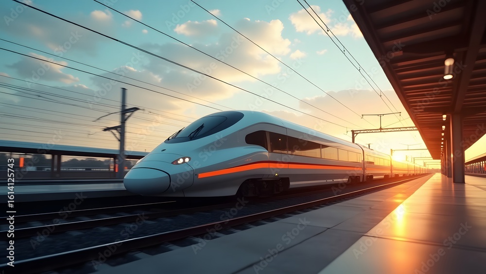 Naklejka premium High-Speed Train Arriving at Sunset Station