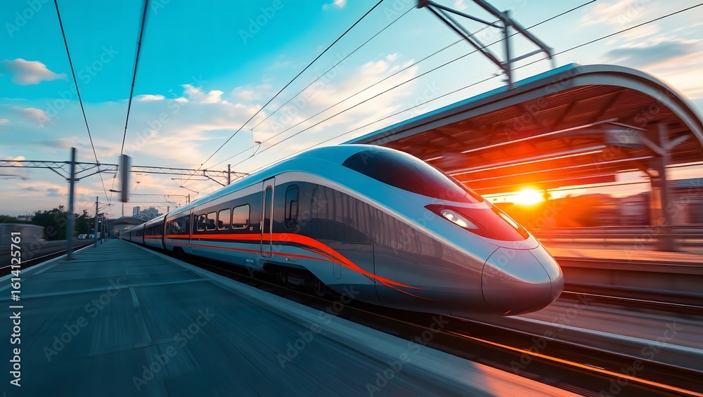 Fototapeta premium High-Speed Train Arriving at Sunset Station