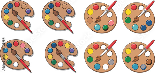 Paint palette and brushes. Painting color pallette, creative drawing tool. Artistic supplies, oil colour pallet on wooden board, artist accessory. Flat vector illustration isolated on white background