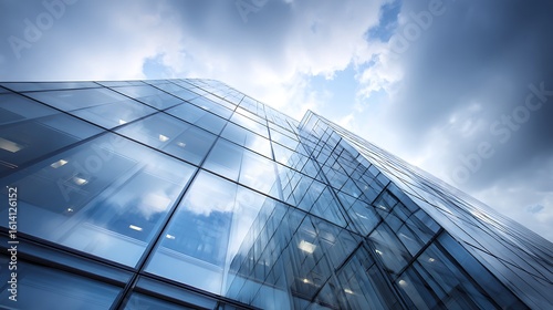 Modern glass skyscraper reflects sky. Captures architecture, urban design, and corporate power. Ideal for web, advertising, or illustrating finance, real estate, business concepts.