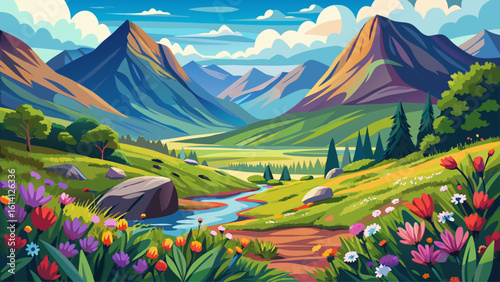Beautiful landscape of Glencoe, Scotland featuring lush forest, colorful flowers, and a tranquil mountain valley under a bright sky with clouds.