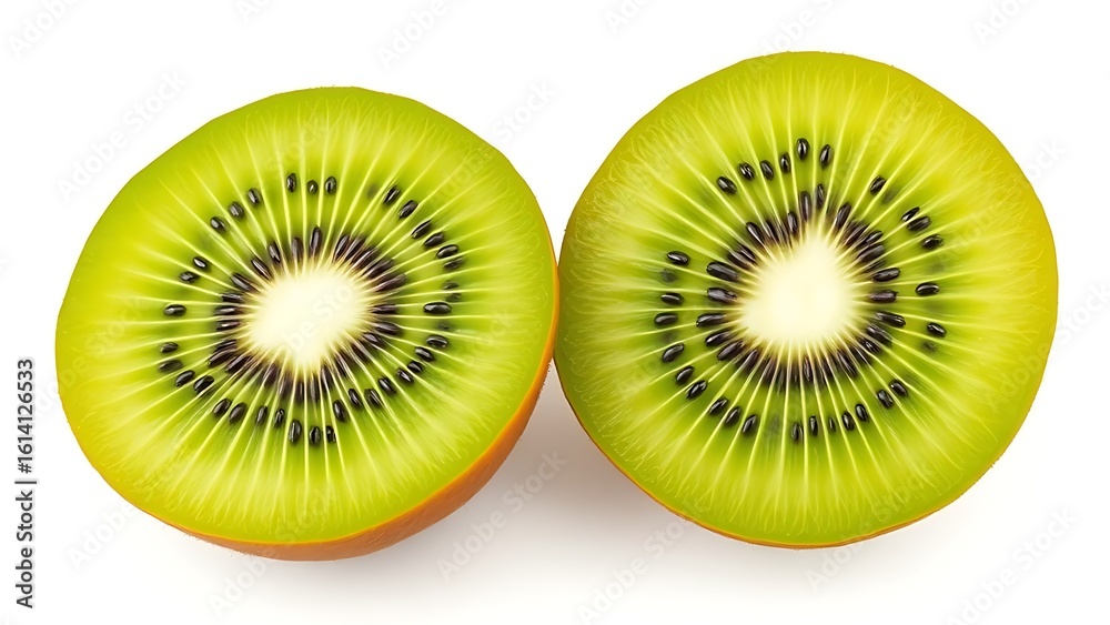 Fresh kiwi fruit sliced open, revealing vibrant green flesh and black seeds on white. Fresh kiwi fruit sliced open, revealing vibrant green flesh and black seeds on white.