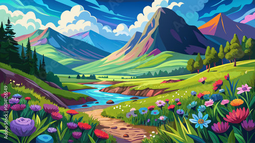 Beautiful landscape of Glencoe, Scotland featuring lush forest, colorful flowers, and a tranquil mountain valley under a bright sky with clouds.