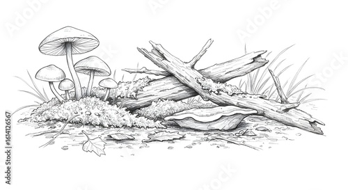 Sketch of Forest Plants: Mushrooms, Moss, and Twigs