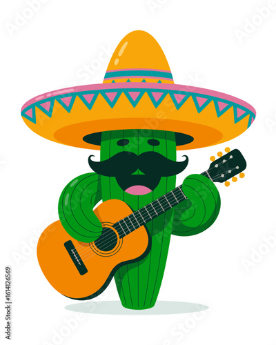 Green cactus playing guitar with sombrero music