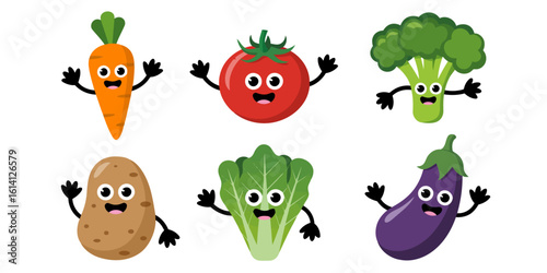 Happy cartoon vegetables waving carrot tomato