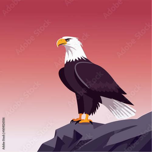 Majestic Bald Eagle perched atop a rocky mountain peak at dawn, a powerful symbol of freedom and strength in a vector illustration