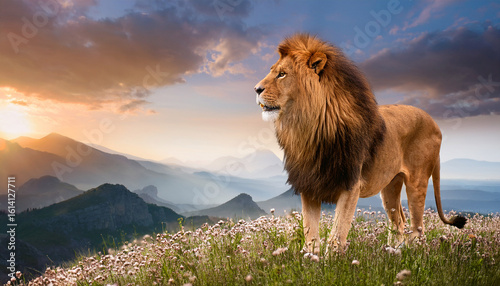 the sixth day of creation a majestic lion stands in a blooming mountain landscape to mark the day when diverse fauna was created on earth