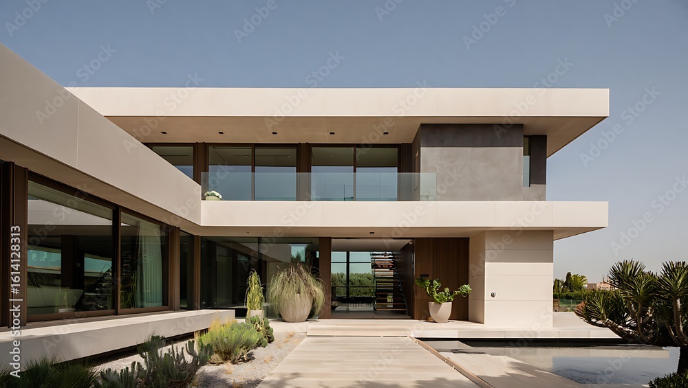 Fototapeta premium Modern luxury two story residence with clean lines and glass walls