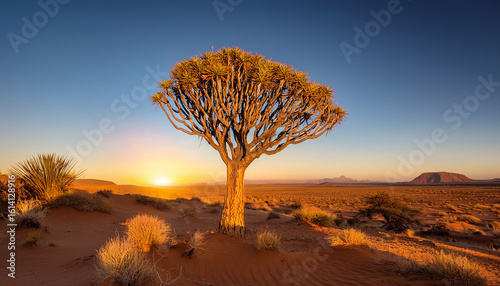 detailed portrayal of a prominent quiver tree set in an expansive african desert with golden illumination rugged dunes and a mesmerizing endless sky evoking nature s timeless beauty