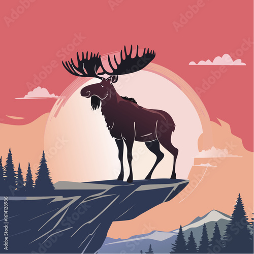 A majestic bull moose with large antlers stands proudly on a rocky cliff, overlooking a forest and mountains during a vibrant sunset
