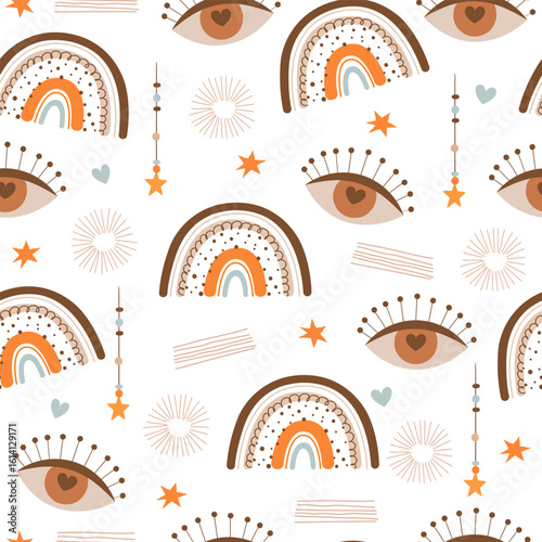 Boho seamless pattern with rainbows, feathers, dream catchers and another decorative elements isolated on white background.	