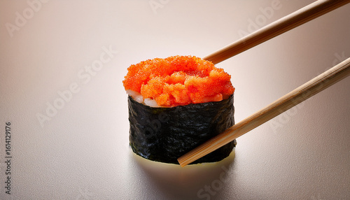 sushi roll with crab and roe on chopsticks ready to be enjoyed in a minimalist setting