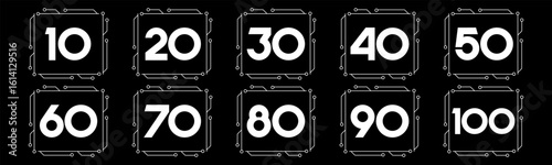 Set of collection numbers 10 to 100 with technology vector illustration. Circuit with numbers 10, 20, 30, 40, 50, 60, 70, 80, 90, 100 for greetings, anniversaries, discounts and more.