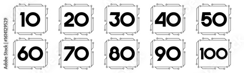 Set of collection numbers 10 to 100 with technology vector illustration. Circuit with numbers 10, 20, 30, 40, 50, 60, 70, 80, 90, 100 for greetings, anniversaries, discounts and more.