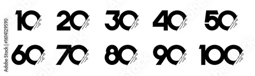 Set of collection numbers 10 to 100 with technology vector illustration. Circuit with numbers 10, 20, 30, 40, 50, 60, 70, 80, 90, 100 for greetings, anniversaries, discounts and more.