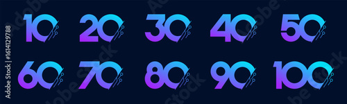 Set of collection numbers 10 to 100 with technology vector illustration. Circuit with numbers 10, 20, 30, 40, 50, 60, 70, 80, 90, 100 for greetings, anniversaries, discounts and more.