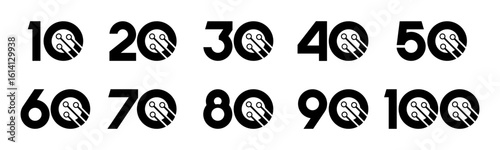 Set of collection numbers 10 to 100 with technology vector illustration. Circuit with numbers 10, 20, 30, 40, 50, 60, 70, 80, 90, 100 for greetings, anniversaries, discounts and more.