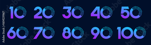 Set of collection numbers 10 to 100 with technology vector illustration. Circuit with numbers 10, 20, 30, 40, 50, 60, 70, 80, 90, 100 for greetings, anniversaries, discounts and more.