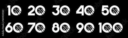 Set of collection numbers 10 to 100 with technology vector illustration. Circuit with numbers 10, 20, 30, 40, 50, 60, 70, 80, 90, 100 for greetings, anniversaries, discounts and more.