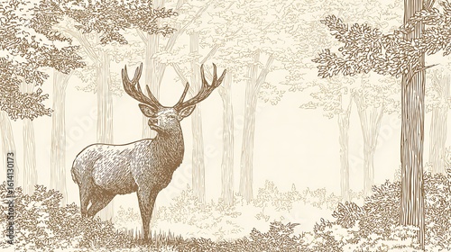 Illustration depicts a deer in a forest, rendered in detailed vintage style. Perfect for backgrounds, storybooks, web use.
