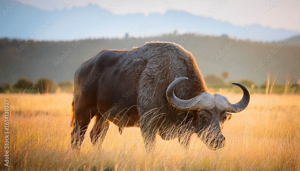 Obraz premium a large buffalo with curved horns feeding on tall grass in a quiet field
