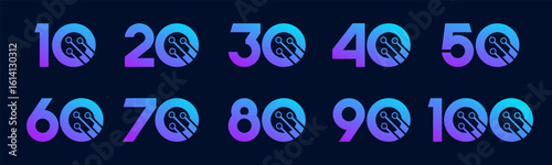 Set of collection numbers 10 to 100 with technology vector illustration. Circuit with numbers 10, 20, 30, 40, 50, 60, 70, 80, 90, 100 for greetings, anniversaries, discounts and more.