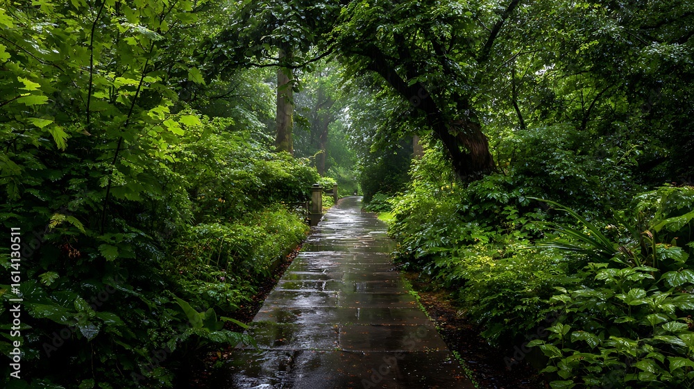 Naklejka premium Winding forest road in rainy green woods / 雨の緑の森を曲がる小道