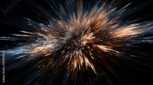 Explosion of light on black bursts forth. Abstract, radial blur effect. Use for background, marketing, web design, sci-fi concept, energy themes.