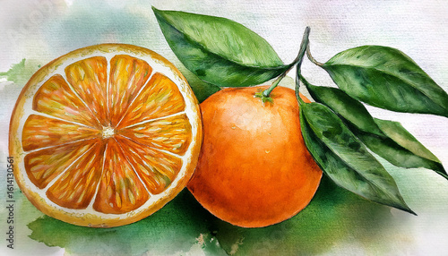 vibrant watercolor illustration depicting fresh oranges and lush green leaves