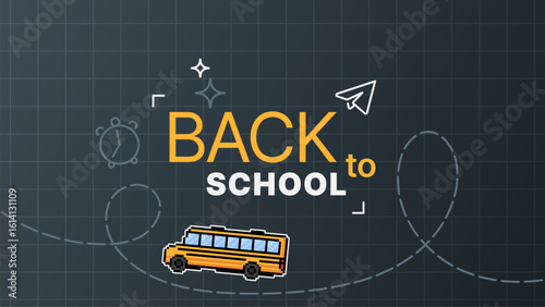Back to school text with school bus and clock. Pixel art concept for education and academic study background.